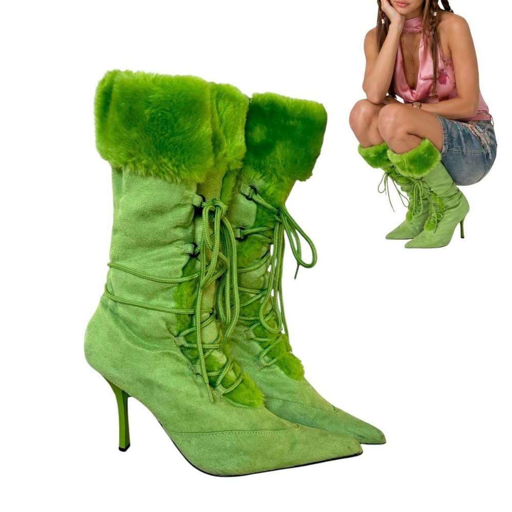 RARE GRAIL 90'S VTG. SPLASH LACE UP FUR POINTED TOE BOOTS 8.5 EUC - Picture 2 of 7